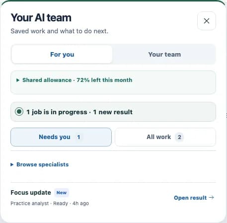 Fictional CliniBase AI team panel with one job working, one new result, action filters and 72% of a shared allowance remaining